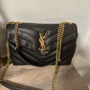 Yves Saint Laurent Black Leather Shoulder Bag with Gold Chain